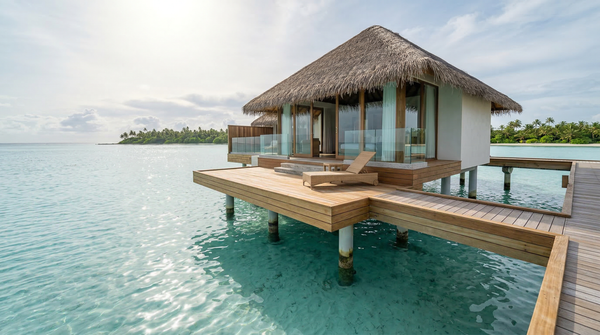 Hero overwater villa on turquoise lagoon with teak deck and thatched roof.