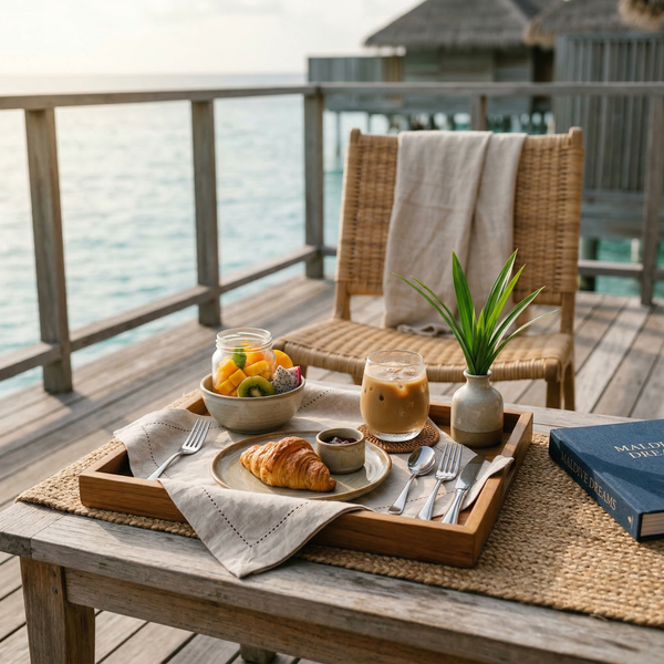 Square vignette of a breakfast tray on a teak deck with woven textiles and lagoon glimpses.