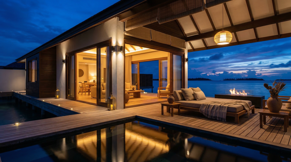 Twilight terrace of an overwater villa lit by warm uplights and reflected in shallow pool.