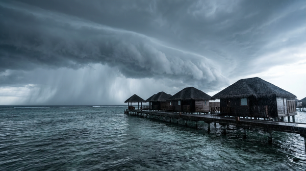 Silvery storm over a lagoon and overwater villas with dramatic cloud and rain curtain.