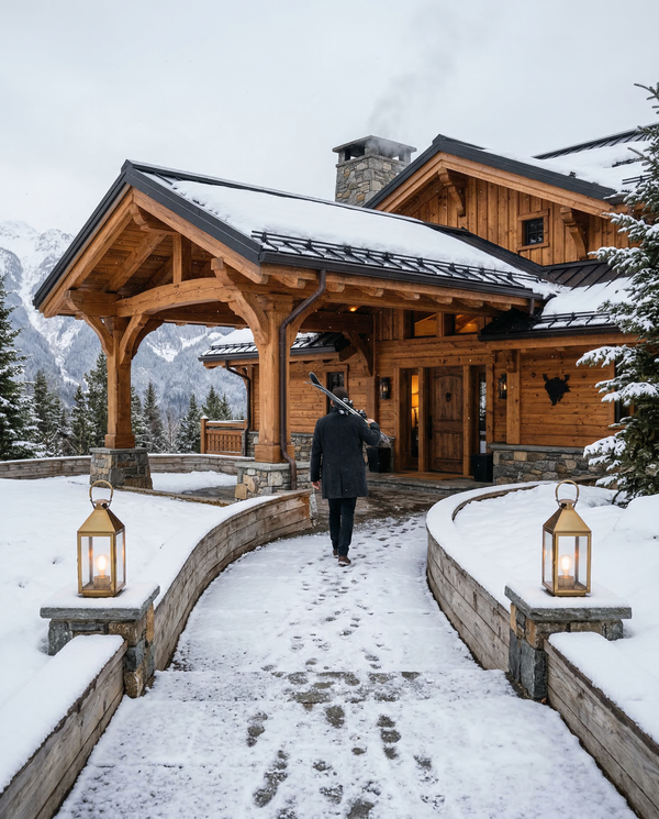 Portrait arrival along a snowed approach to a timber chalet entrance with a person for scale.