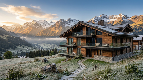 Hero panorama of a timber Swiss chalet framed by alpine peaks at golden hour.