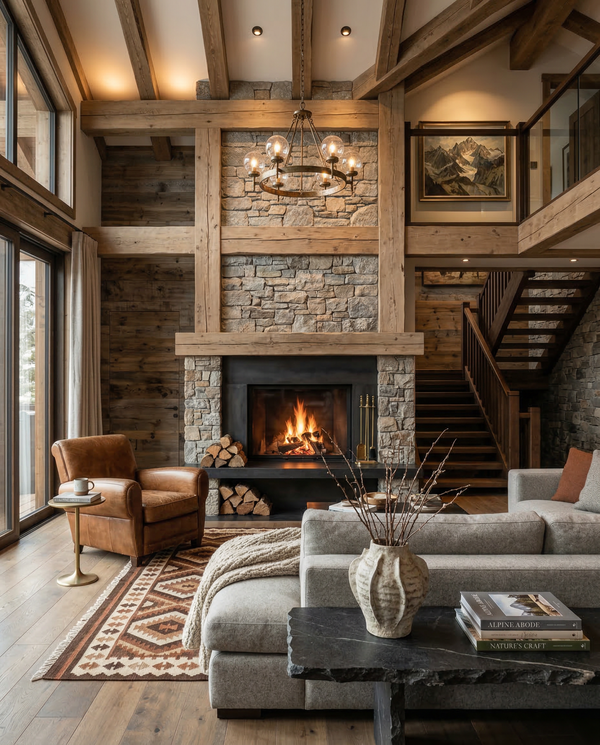 Portrait living room with double-height fireplace, wool textiles, and timber beams in chalet lounge.