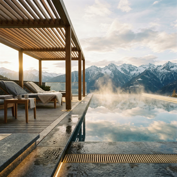 Square view of a heated infinity pool terrace at a chalet, steam rising and peaks beyond for amenity marketing.