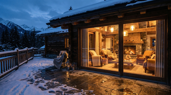 Dusk exterior of a Swiss chalet with warm interior and fireplace glow spilling onto a snowy terrace.