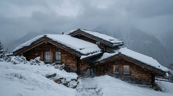 Cinematic weather study of a chalet under drifting snow and low cloud cover, emphasizing atmosphere.