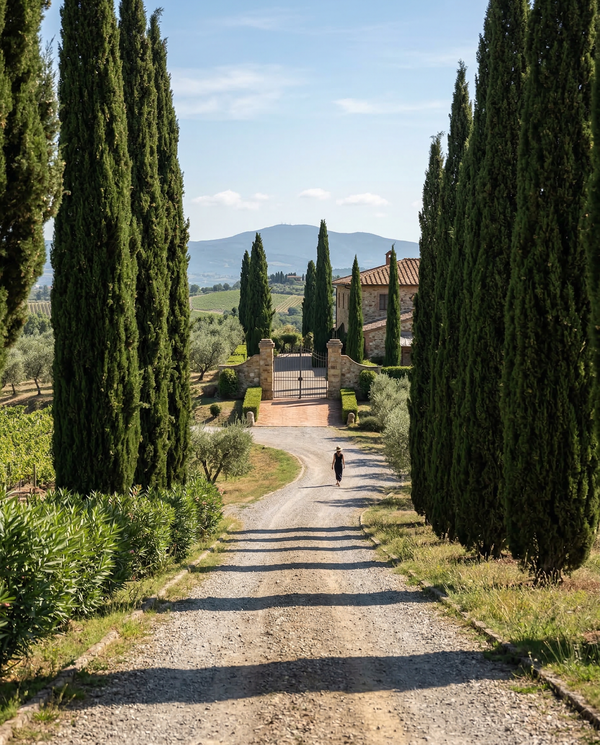 Portrait view down a cypress-lined drive to a stone villa gate with vineyard backdrop