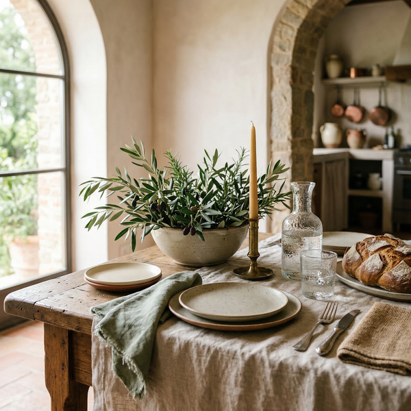 Square vignette of linen dining setup with olive-branch centerpiece and ceramic tableware