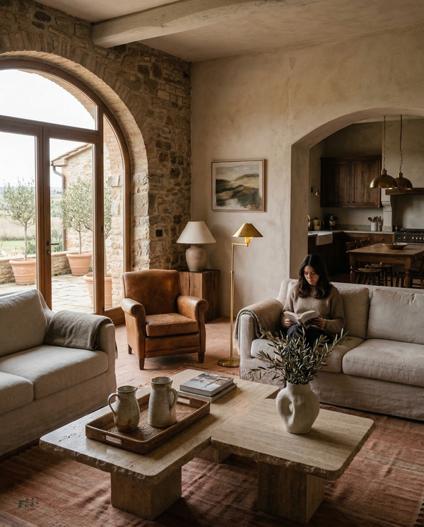 Rustic-luxury living room with linen sofas, arched doors to terrace, terracotta tones and stone fireplace