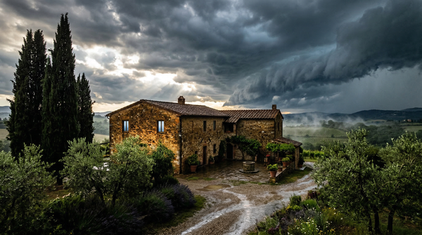 Dramatic storm study of Tuscan villa with wet stone, cypress silhouettes and brooding clouds