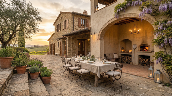 Sunset courtyard with alfresco dining table, wood oven and warm lantern light in Tuscan villa
