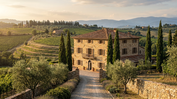 Golden hour exterior of a Tuscan villa above vineyards with cypress approach and stone textures