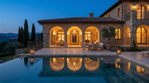 Twilight view of villa terrace with reflecting pool, warm interior lights and cypress silhouettes