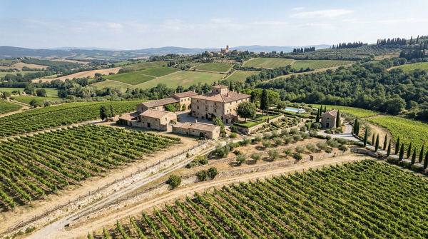 Elevated panorama of a Tuscan villa set within terraced vineyards and rolling hills