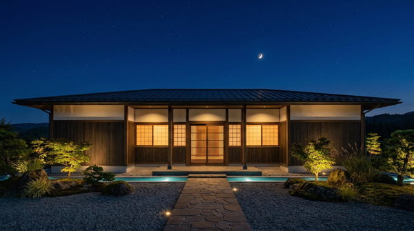 Idea de render arquitectonico: Casa japonesa minimalista Noche