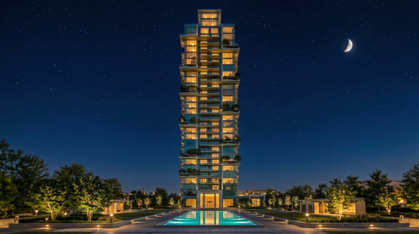 Idea de render arquitectonico: Rascacielos residencial de vidrio Noche Idea de render arquitectonico: Rascacielos residencial de vidrio Noche