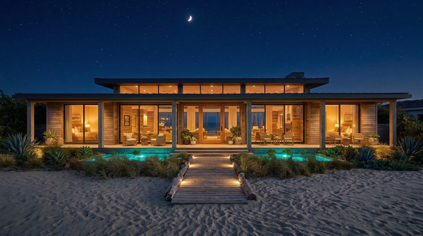 Idea de render arquitectonico: Mansion de playa en Malibu Noche Idea de render arquitectonico: Mansion de playa en Malibu Noche