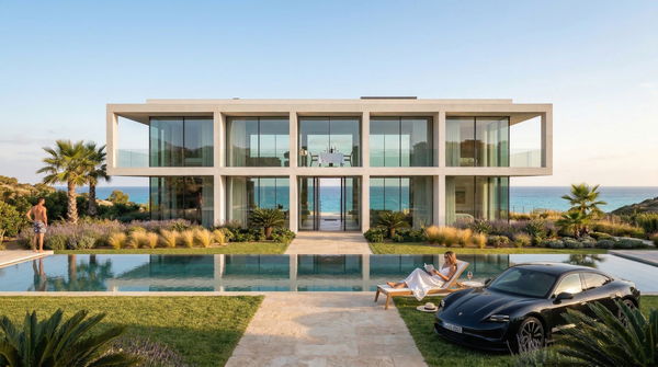 Idea de render arquitectonico: Villa moderna de vidrio Con vida