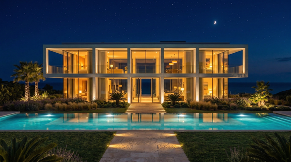 Idea de render arquitectonico: Villa moderna de vidrio Noche