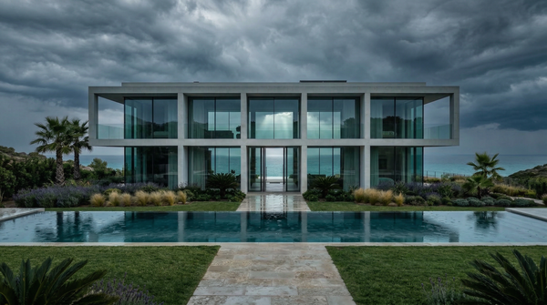 Idea de render arquitectonico: Villa moderna de vidrio Nublado