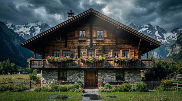 Idea de render arquitectonico: Chalet suizo de montana Nublado Idea de render arquitectonico: Chalet suizo de montana Nublado