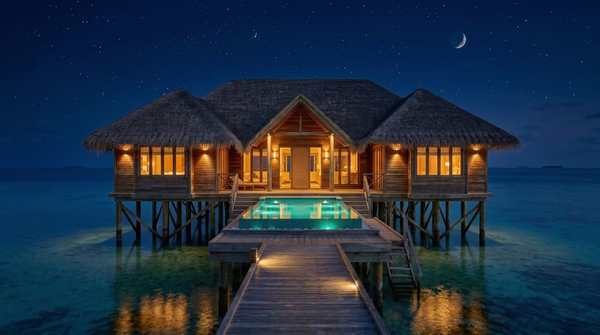 Idea de render arquitectonico: Villa tropical sobre el agua Noche Idea de render arquitectonico: Villa tropical sobre el agua Noche